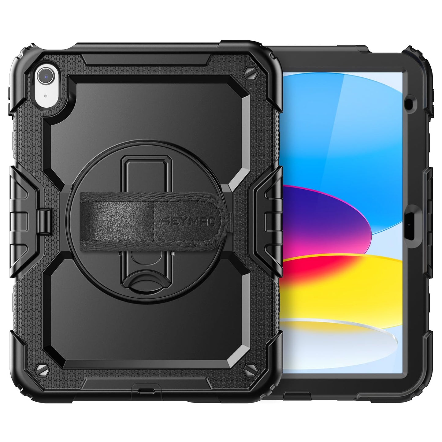 SEYMAC Case for iPad 11th/10th Generation 2025/2022 A16 11inch/10.9inch, Heavy Duty Shockproof with Screen Protector, 360° Rotating Stand/Hand Strap/Pencil Holder for iPad 11 Cover, Black