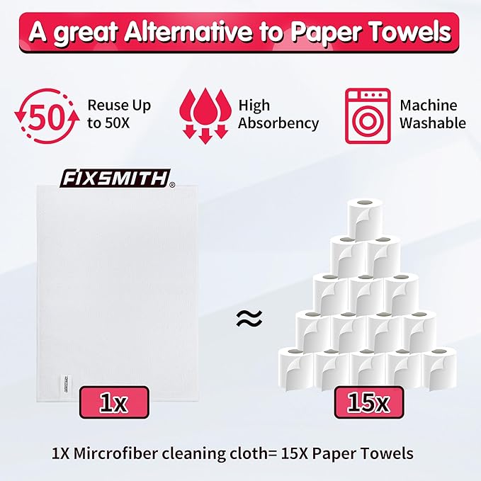 FIXSMITH White Microfiber Cleaning Cloth, Reusable Shop Towels, Microfiber