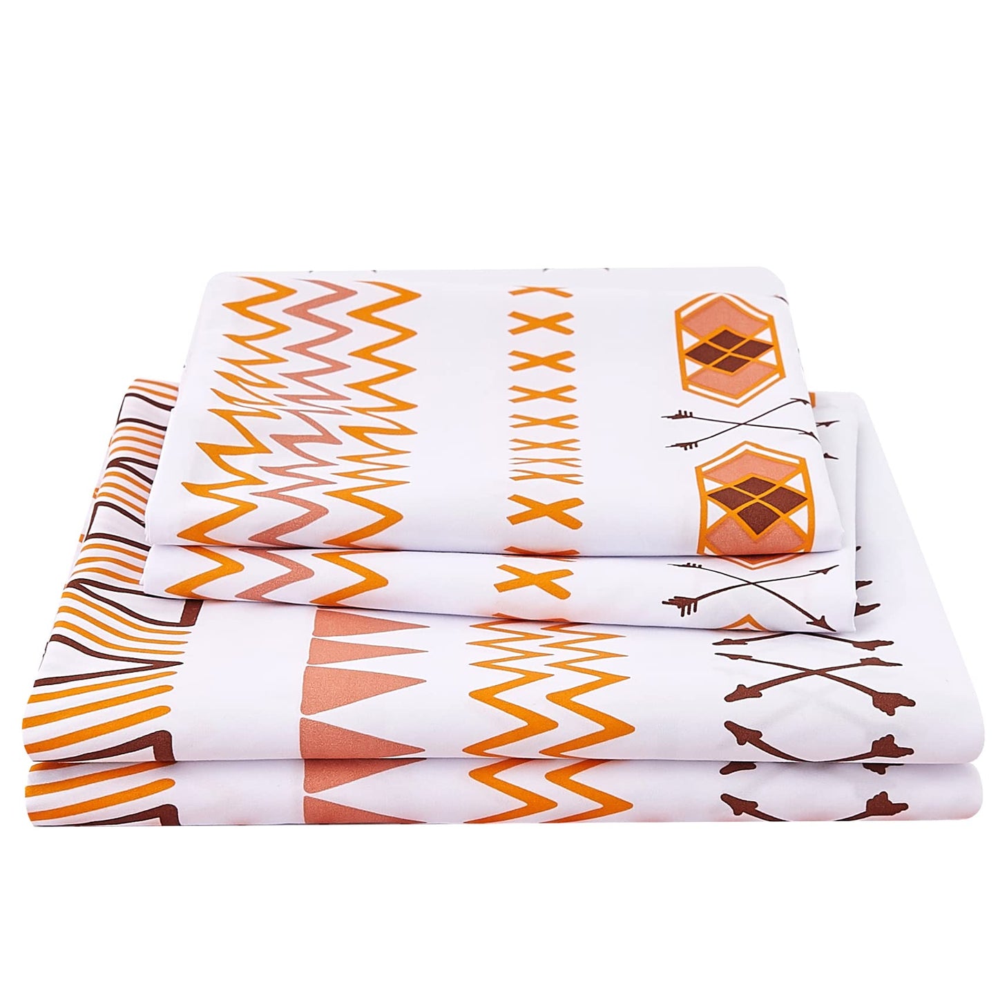 JSD Geometric Printed Sheet Set King, 4 Piece Soft Orange Pattern Microfiber Sheets Extra Deep Pocket