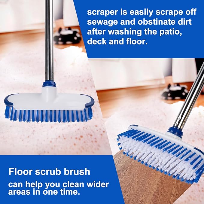 ITTAHO Floor Scrub Brush with Long Handle, 2 in 1 Deck Scrub Brush, Stiff