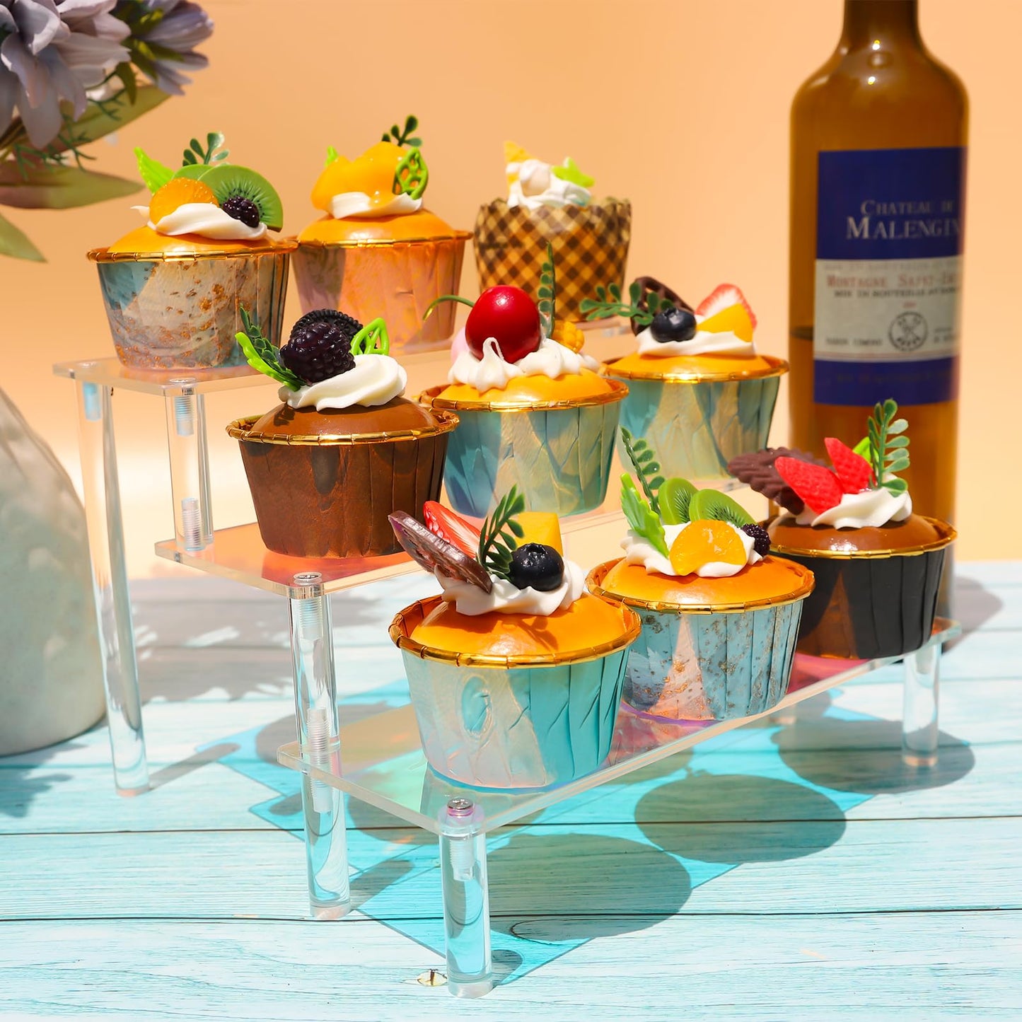 RICIPUSO Acrylic Display Stand, 3 Tier Iridescent Display Risers for Funko POP Figures, 9" Cupcakes Stand, Perfume Organizer, Riser for Display, Dessert Stand, Ornament Display Stand