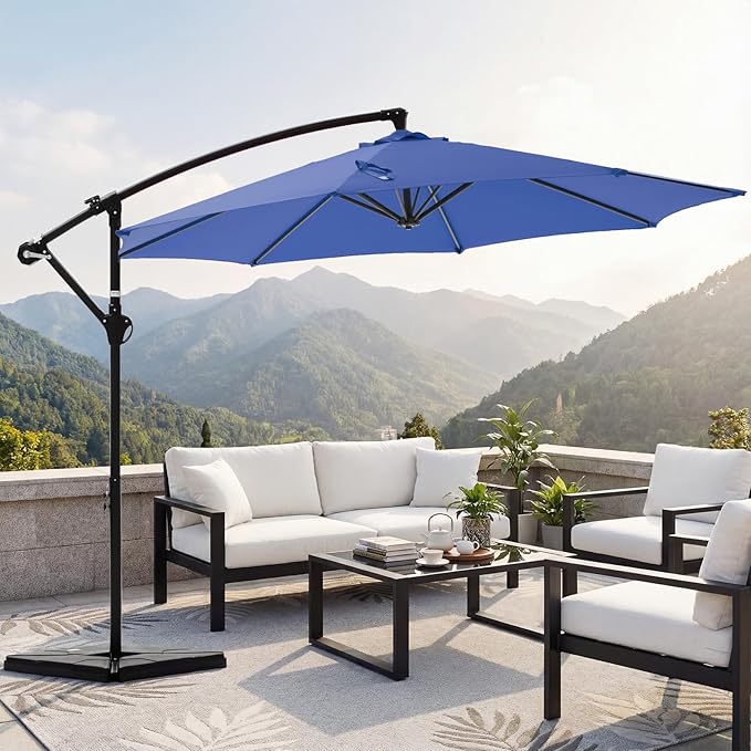 OLIXIS 9.7FT Offset Patio Umbrella with Base, Cantilever Table Umbrellas for Outdoor Sun Shade UV Protection with Easy Tilt Adjustment, 8 Ribs for Backyard, Lawn, Garden, Pool - Blue