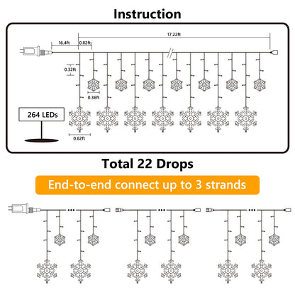 Toodour Christmas Snowflake Lights Outdoor, 17.22ft 264 LED Snowflake Icicle Lights with 22 Drops, Connectable, 8 Modes Waterproof White Christmas Light for Curtain, Eaves, Window, Xmas Decorations
