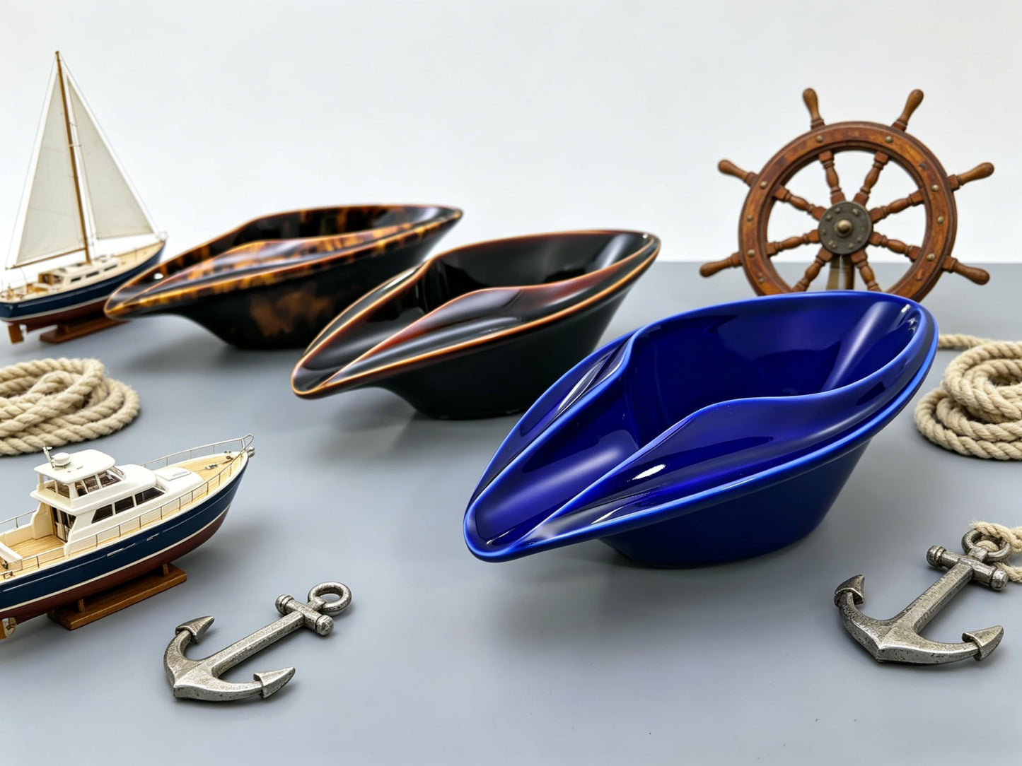 Ceramic Decorative Bowl Luxury Yacht-Inspired – Sculptural Glossy Blue Design, Modern Catchall Tray for Desk, Entryway & Coffee Table Home Décor