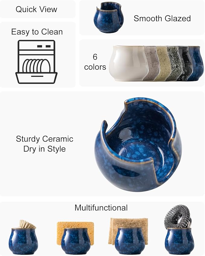 Ceramic Sponge Holder, Kitchen Sink Scrubby Caddy Organizer Dish Sponge Dish