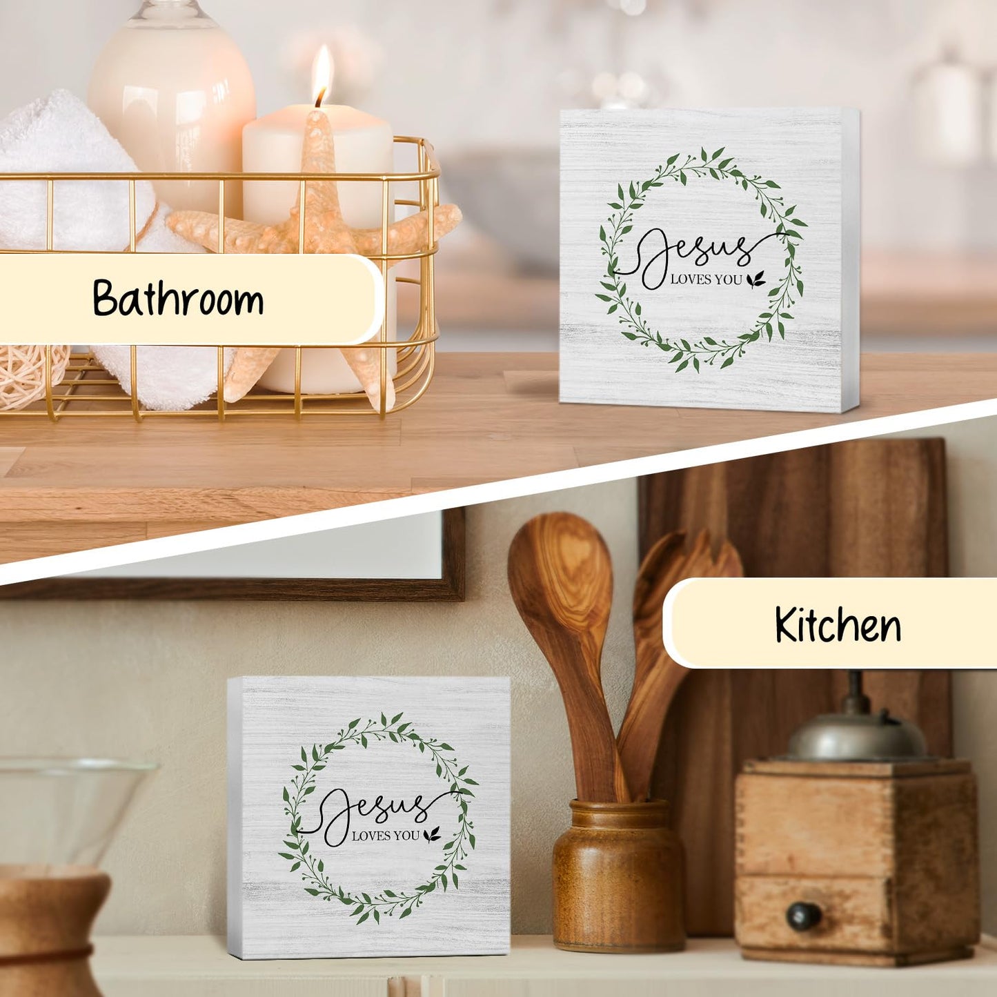 JUIOEIU Christian Desk Decor, Jesus Loves You Bible Verse Wooden Box Sign, Christian Gifts for Women Men, Religious Wood Block Box for Home Bedroom Office Church Desk Shelf Table Decor, 5x5 Inch