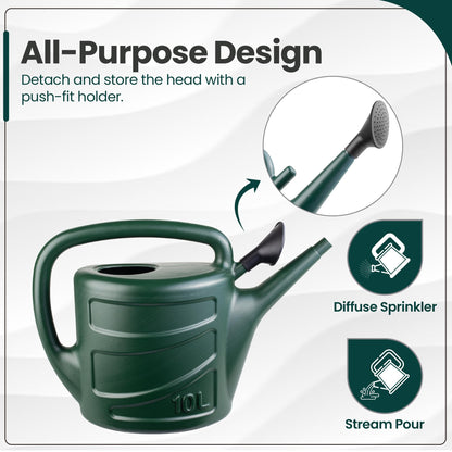 Hardys 10L Green Rose Watering Can - Outdoor & Indoor Watering Can with Detachable Sprinkler Rose Head, Long Spout Water Can for Houseplant & Garden Plants