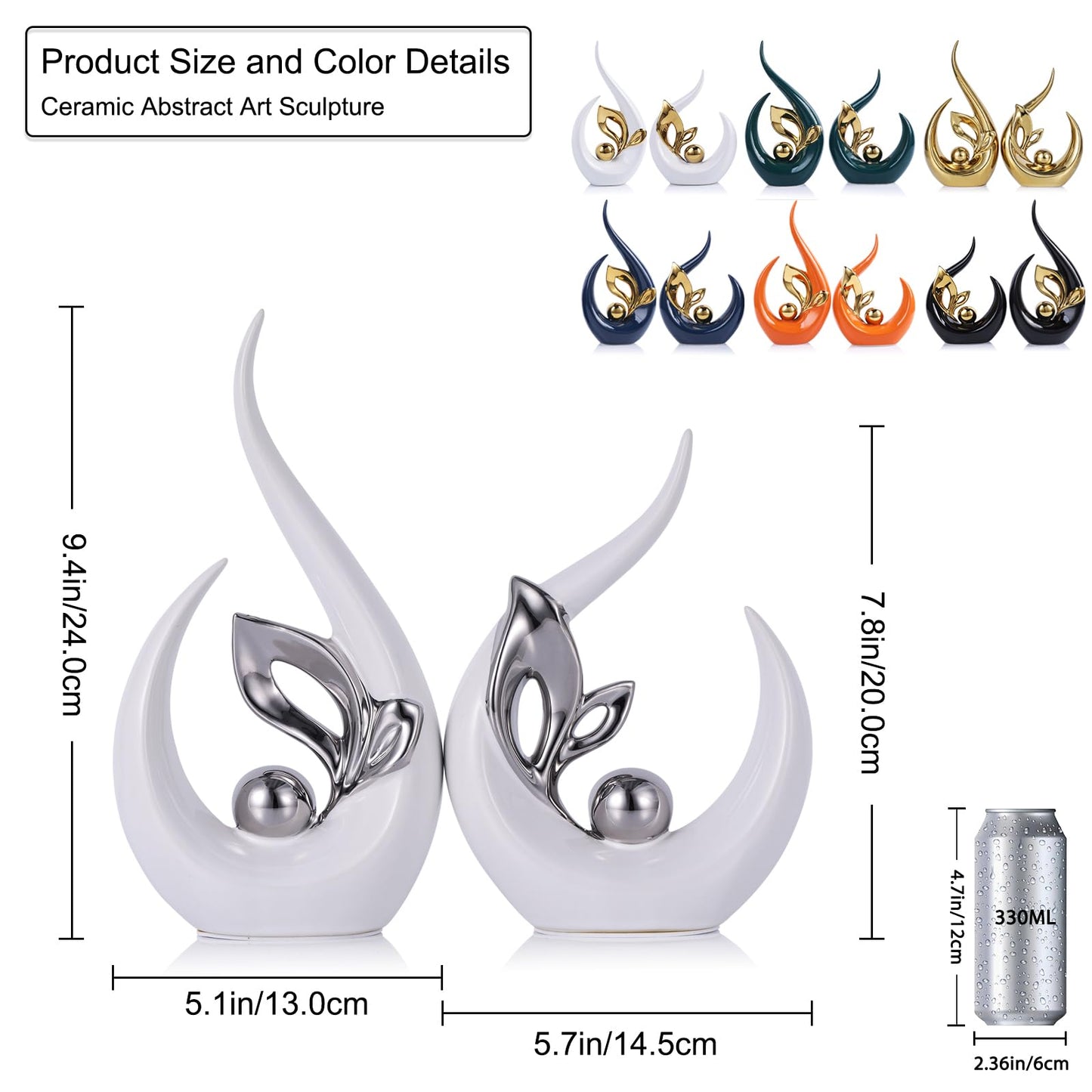 9.4" H White Silver Abstract Sculptures Home Decor, Ceramic Art Statue Cool Stuff to Put on Shelves&tv Stand Decor, Silver Accent Entertainment Center, for Fireplace Coffee Table Dining Table Decorate