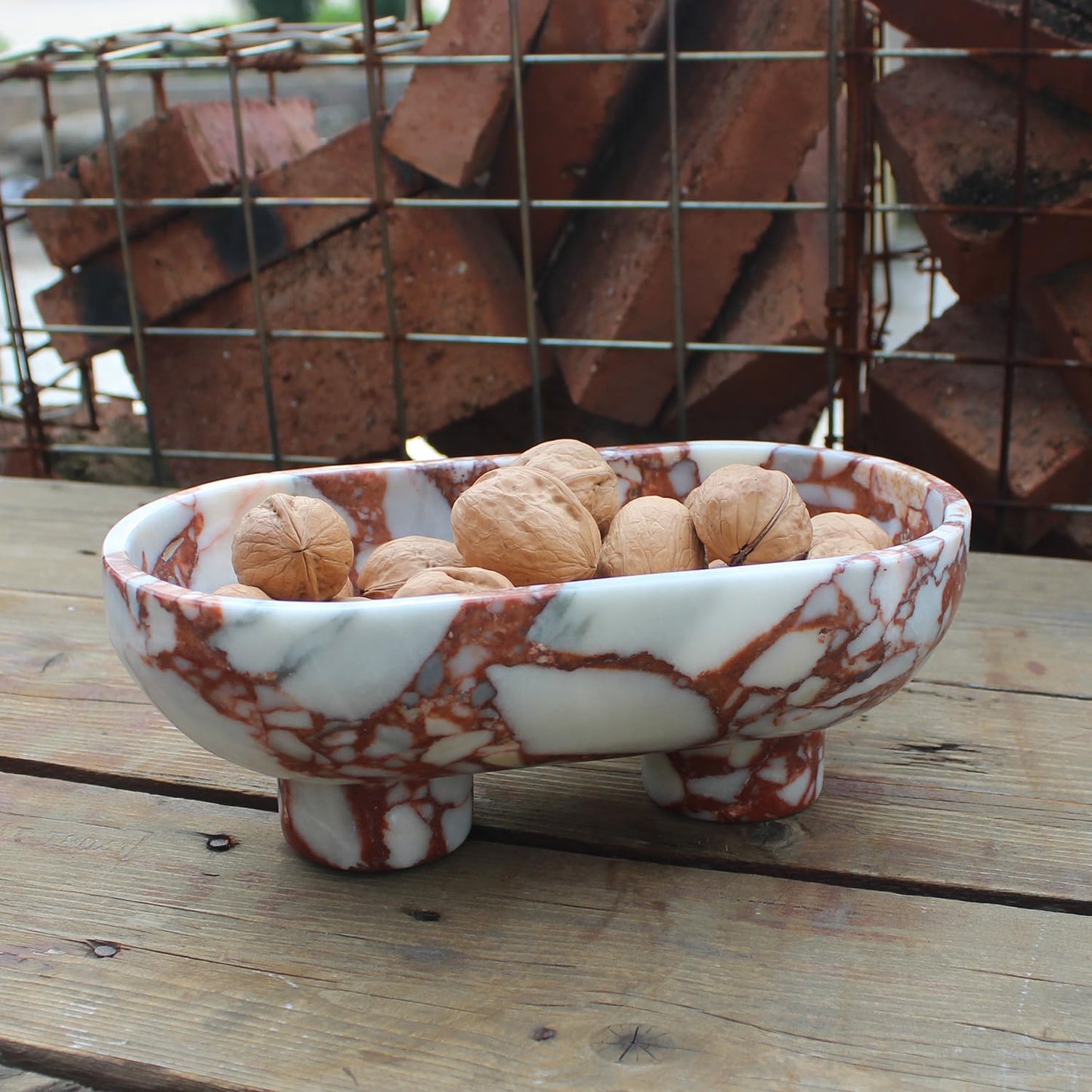 Nawgnail Natural Oval Calacatta Red Marble Fruit Bowl for Kitchen Counter 10", Large Decorative Bowl Two-Legs for Home Decor, Fruits Holder For Dining Table - Kitchen Organization