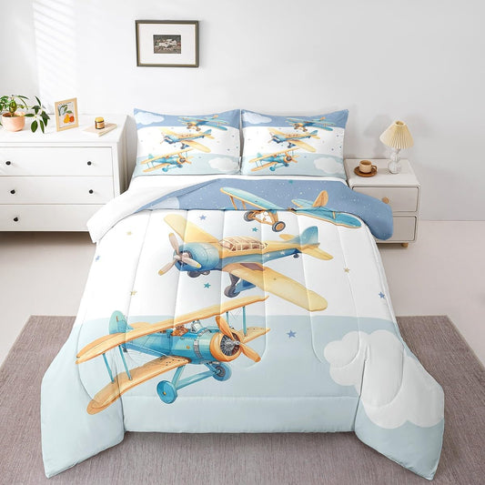 Manfei Cartoon Airplane Queen Size Comforter Set 3 Pcs,Aviation Aircraft Modern Plane Down Alternative Bedroom Decor,Sky Clouds Stars Blue White Stripes Print Ultra Soft Microfiber Inner Fill 3Pcs