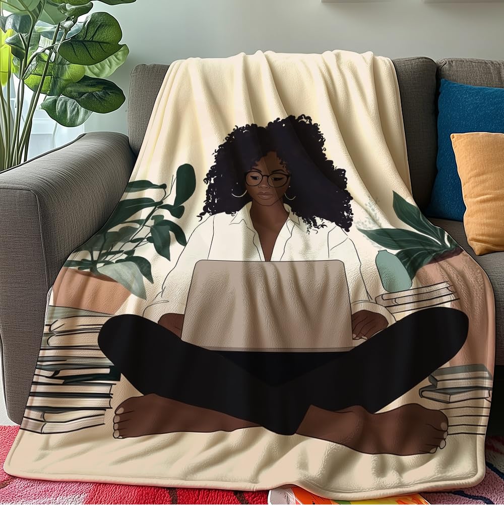 HUNXIAOJ African American Gifts for Women Black Girl Blanket Boho Print Blanket African American Decor Warm Soft Flannel for Girls Woman Teens Adults Bed Sofa Couch (50 in x 60 in)