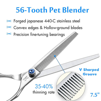 JASON 7.5" 56 Teeth Blending Dogs Grooming Scissors Cats Thinning Shears Pets Blender Thinner Trimming Texturizing Kit with Offset Handle Blue Jewelled Screw