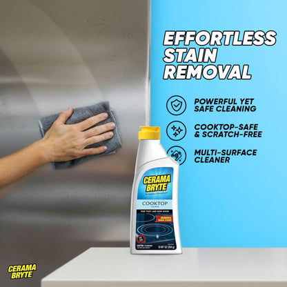 Cerama Bryte Glass Cooktop and Stove Top Cleaner Combo Kit - Includes Cleaning Tool, Razor, Scraper and 1 Pad to Remove Tough Stains - Use on Gas, Electric, Ceramic Surfaces, 18 Ounces, 4 Piece