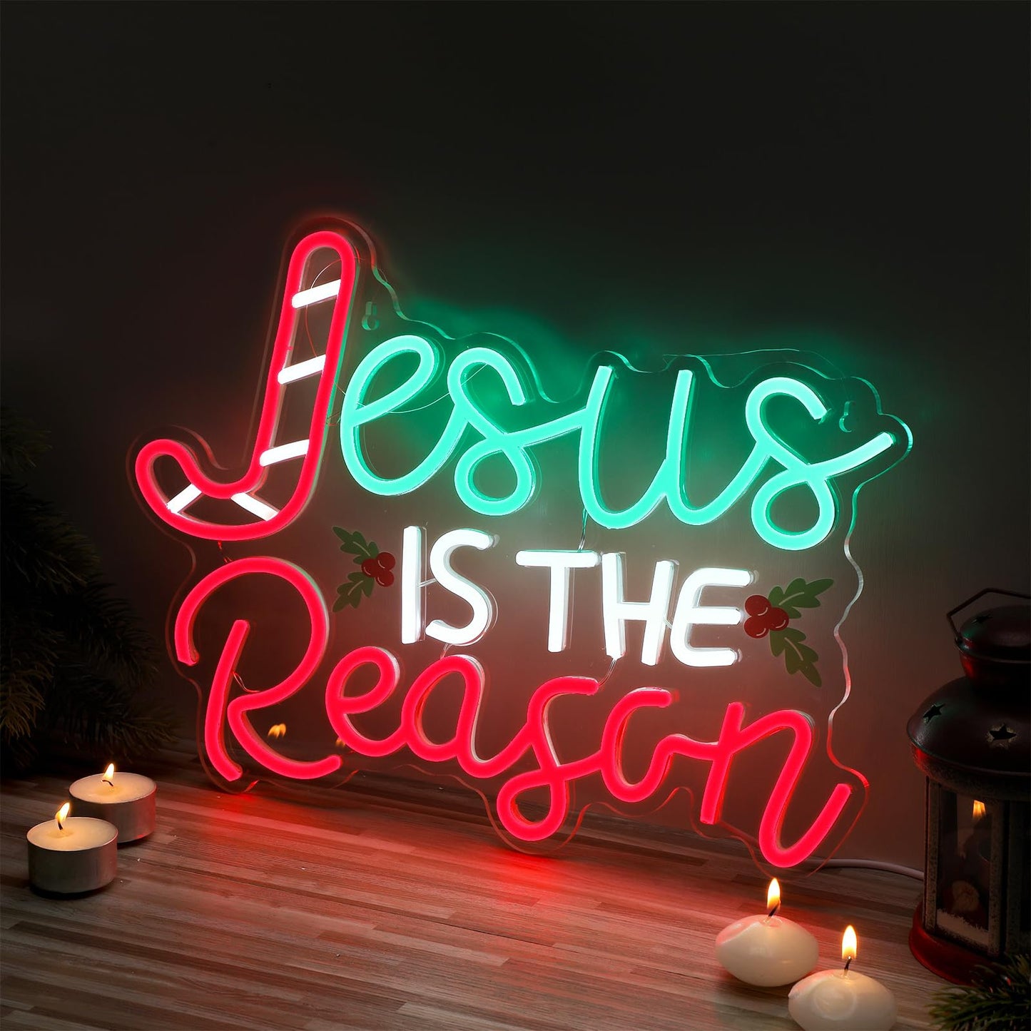 Huquary Jesus Is the Reason Neon Sign Christmas LED Sign Lighted Wall Art Decoration Neon Light USB Powered for Ceremony Party Bar Home Birthday Bible Church Decor Gift(Classic)