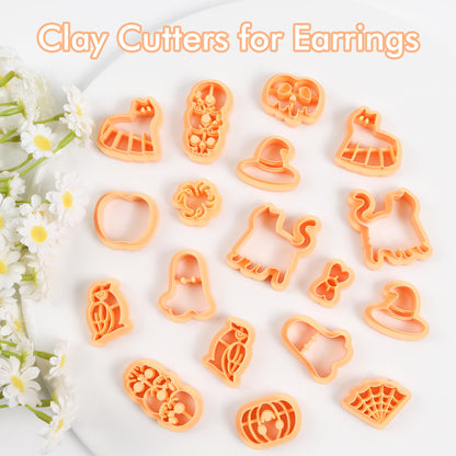 Puocaon Halloween Polymer Clay Cutters - 18 Pcs Halloween Themed Skull Ghost Cat Wizard Witch for Earrings Jewelry Making Clay Earrings Cutters