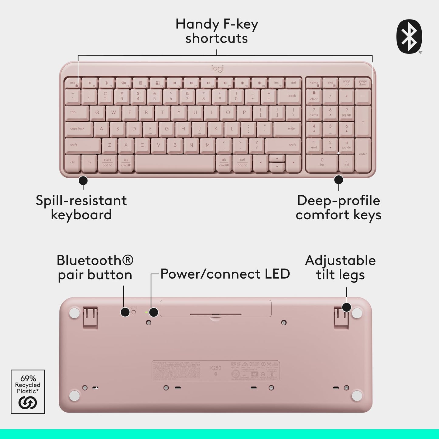 Logitech K250 Bluetooth Keyboard with Numpad, Easy Connectivity, Compact Wireless Keyboard Made with Recycled Plastic, Spill-Resistant, Comfortable Keys - Windows/MacOS - Graphite