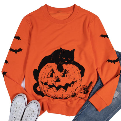 UNIQUEONE Black Cat on Pumpkin Sweatshirt Women Halloween Sweatshirts Pumpkin Face Tee Lightweight Pullover Tops