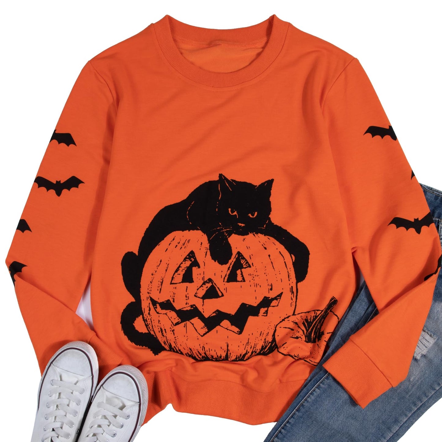 UNIQUEONE Black Cat on Pumpkin Sweatshirt Women Halloween Sweatshirts Pumpkin Face Tee Lightweight Pullover Tops