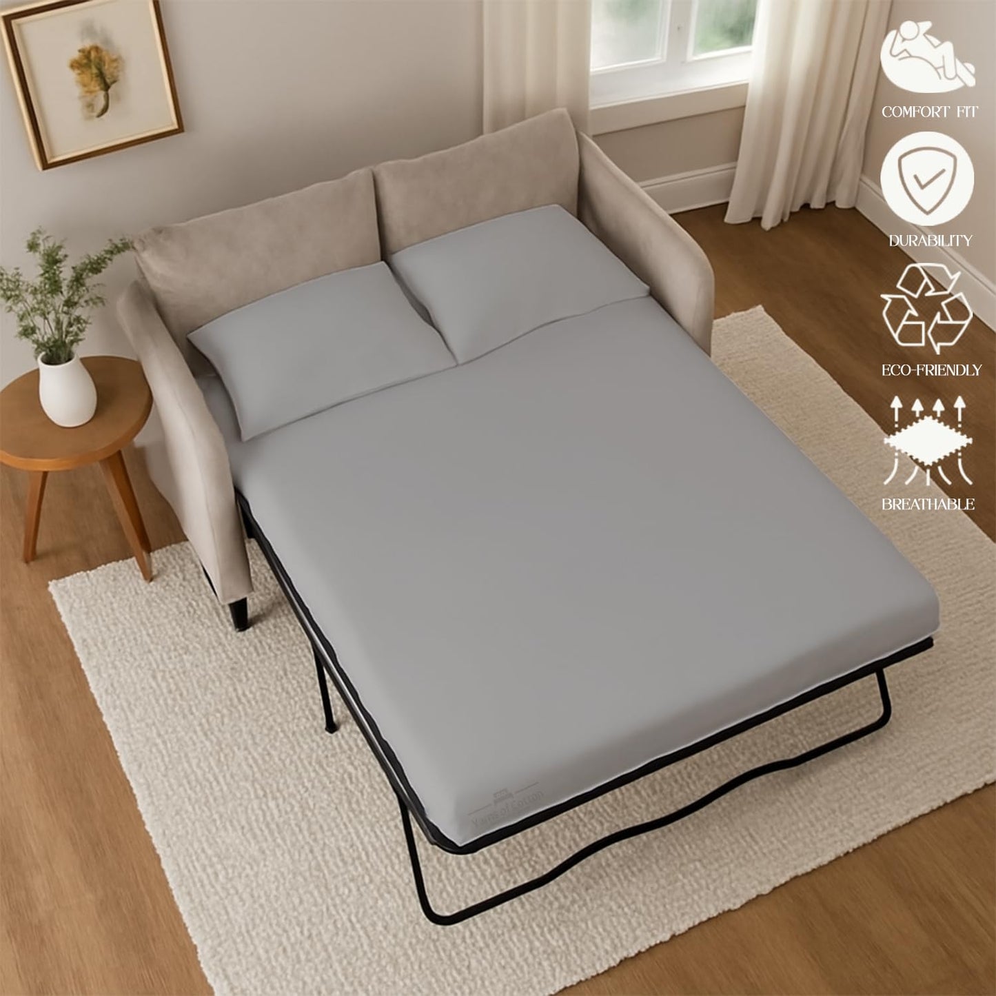 Sleeper Sofa Bed Sheet, 100% Cotton 400 Thread Count, 4 Piece Set, Deep Pocket Fitted Sheet, Soft Wrinkle Free & Breathable, Luxury Hotel Quality, Fits Up to 6 Inch Mattress (Full, Silver Grey)
