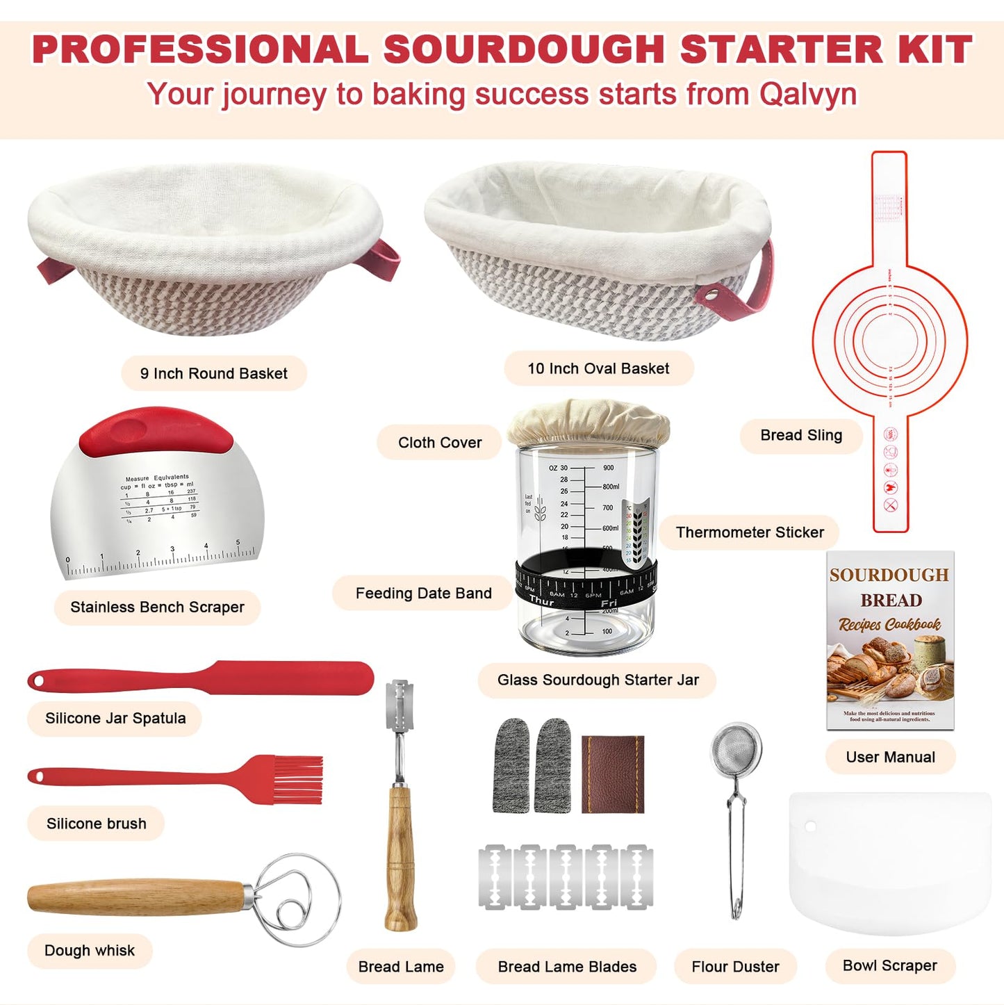 Sourdough Bread Baking Supplies, Sourdough Starter Kit with Cotton Rope Oval & Round Bread Proofing Basket and Sourdough Starter Jar, Artisan Bread Making Kit Ideal Gift for Bakers, Women Wife Mom Red