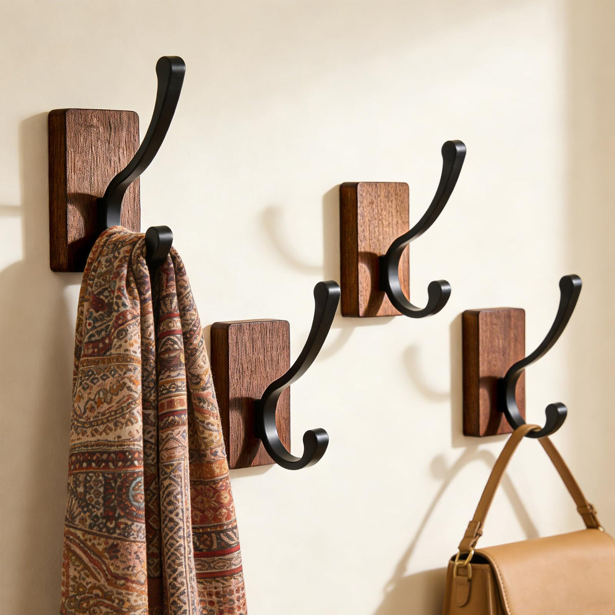 MIWSDCX Wooden Wall Coat Hooks, 4 Pack Coats, Towels, Keys Country-Style Heavy-Duty Towel Hook,Wall-Mounted Hooks, Hooks Suitable for Bedroom, Entrance, Bathroom, Doorway，Hooks Wall Mounted