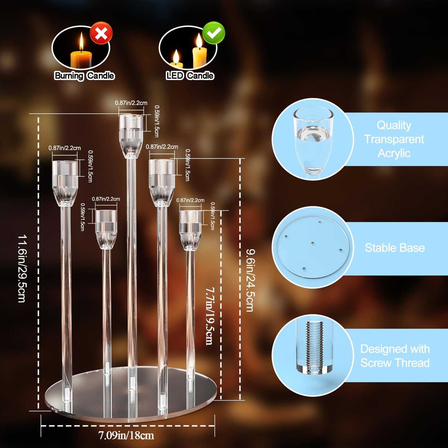 Candelabra Centerpieces for Tables 5 Arm Clear Candle Holder Fit 0.87" LED Pillar Taper Candlestick with Round Base for Christmas New Year Decoration (5 Arm Candelabra)