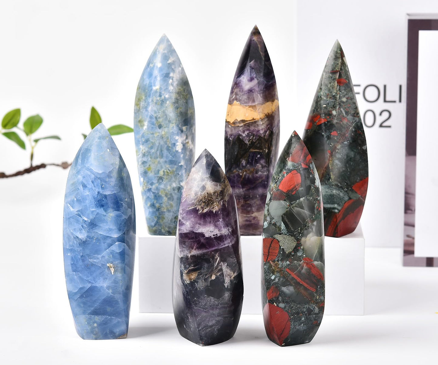 JIC Gem Large Blue Calcite Celestite Healing Crystal Obelisk Tower Spiral 4 Sides Point Energy Gemstone Home Decor 1.1-1.7 Lbs