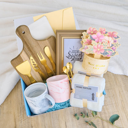 15Pcs Luxury House Warming Gifts New Home, Housewarming Gift Basket for Couples Friends First Apartment, Closing Gifts for Home Buyers, with Unique 3D Card Acacia Cutting Board Gold Cheese Knives