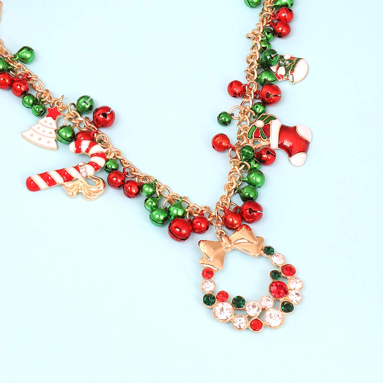 NLCAC Christmas Jingle Bell Necklace Women Statement Chunky Crystal Teardrop Pendant Necklace Xmas Gift Jewelry (Gold)