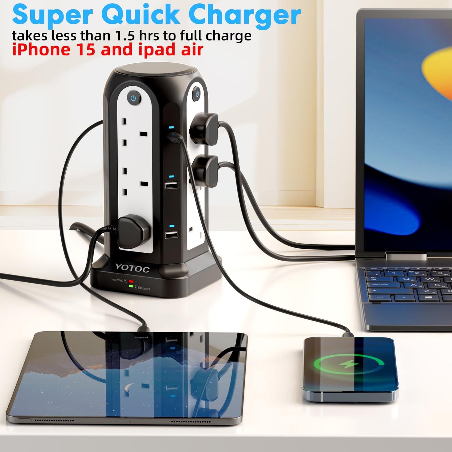 Tower Extension Lead,12 Way Surge Protected Extension Lead with 4 USB(5V 4.8A) Slots,2 USB-C(5V 3A),3250W Power Strip with 4 Individual Switches and 3M/9.8ft Extension Cable for Home,Office,School