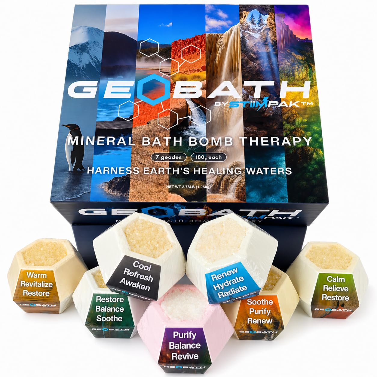 Magnesium & Epsom Salt Natural Mineral Bath Bombs | XL 180g | Skin Care & Muscle Relief Bath Soak Inspired by the World’s Healing Hot Springs | Dye & Fragrance Free | GeoBath (7 Pack)