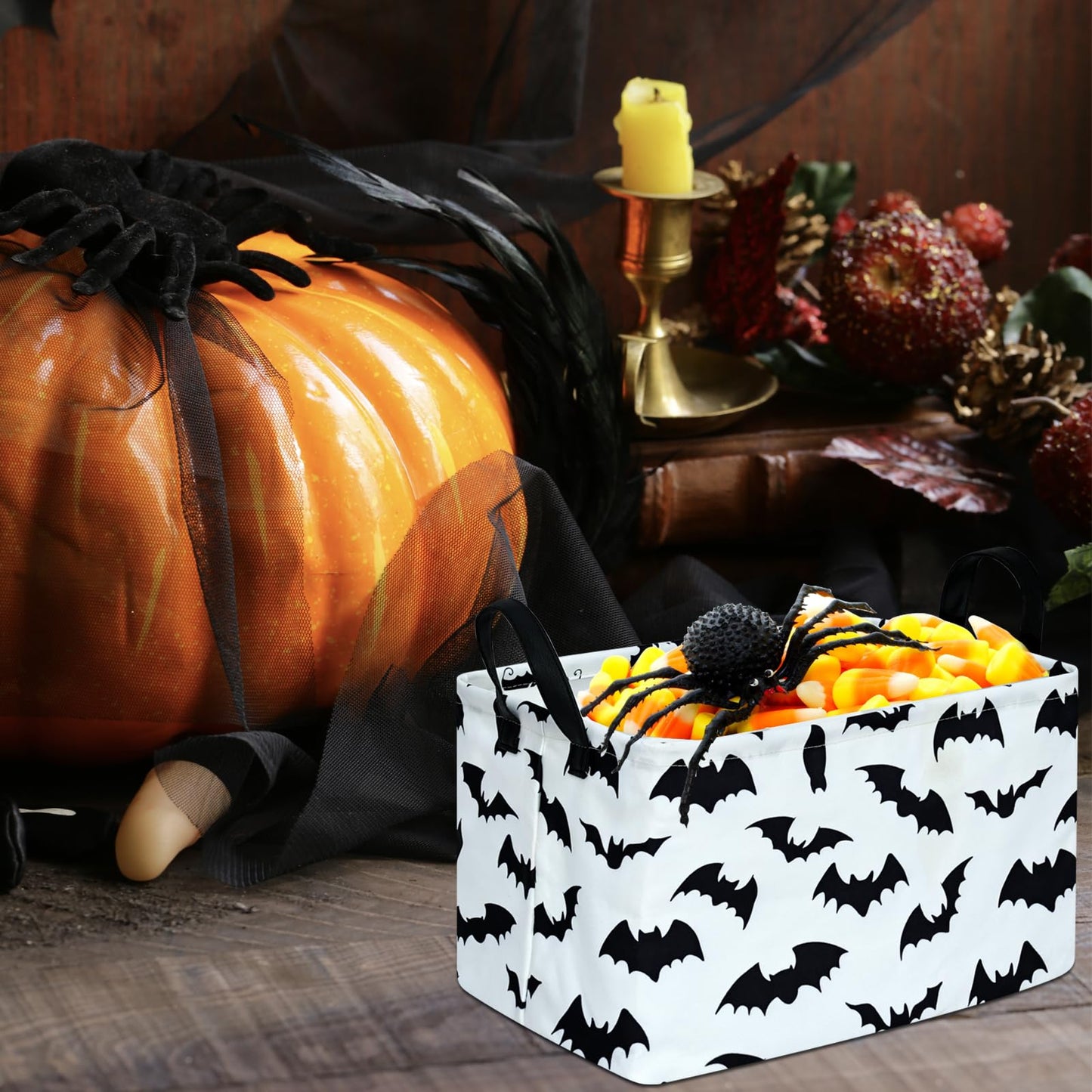 KUNRO Bat Pattern Halloween Storage Gift Basket Canvas Storage Bins with Handles Rectangle Storage Cubes Organizer for Bedroom Living Room