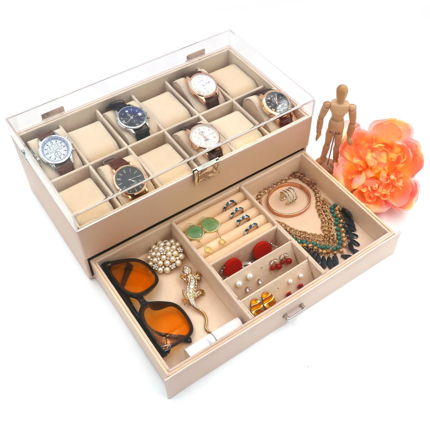 KLOUD City 12-Slot Watch Box with Lockable Drawer Acrylic Display Lid | Velvet Organizer for Luxury Watches, Jewelry & Eyewear (Pink-W3008)