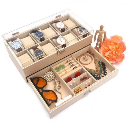 KLOUD City 12-Slot Watch Box with Lockable Drawer Acrylic Display Lid | Velvet Organizer for Luxury Watches, Jewelry & Eyewear (Pink-W3008)