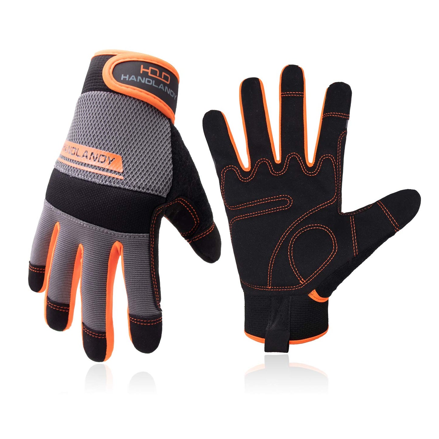 UltraLight Safety Work Gloves, Mens & Women Multi-Functional Work Gloves with Extensive Palm Protection, Mechanic Gardening Construction DIY Gloves with Touchscreen (Small, Orange/Gray)