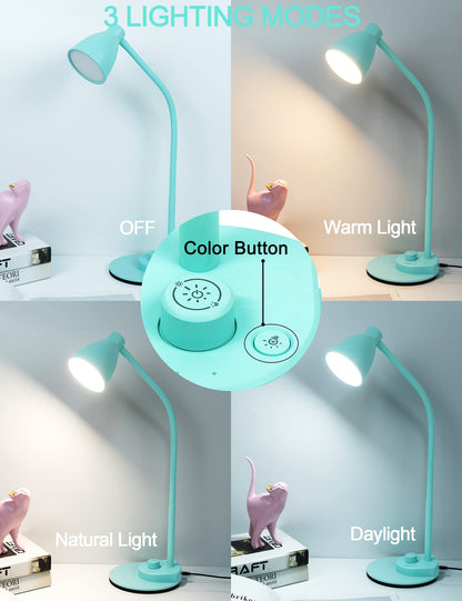 BOHON LED Desk Lamp with USB Charging Port, 3 Color Modes Fully Dimmable Reading Lamp, Auto Dimming Task Lamp, Flexible Neck Table Light for Office Dorm Bedside, Adapter Include, Teal