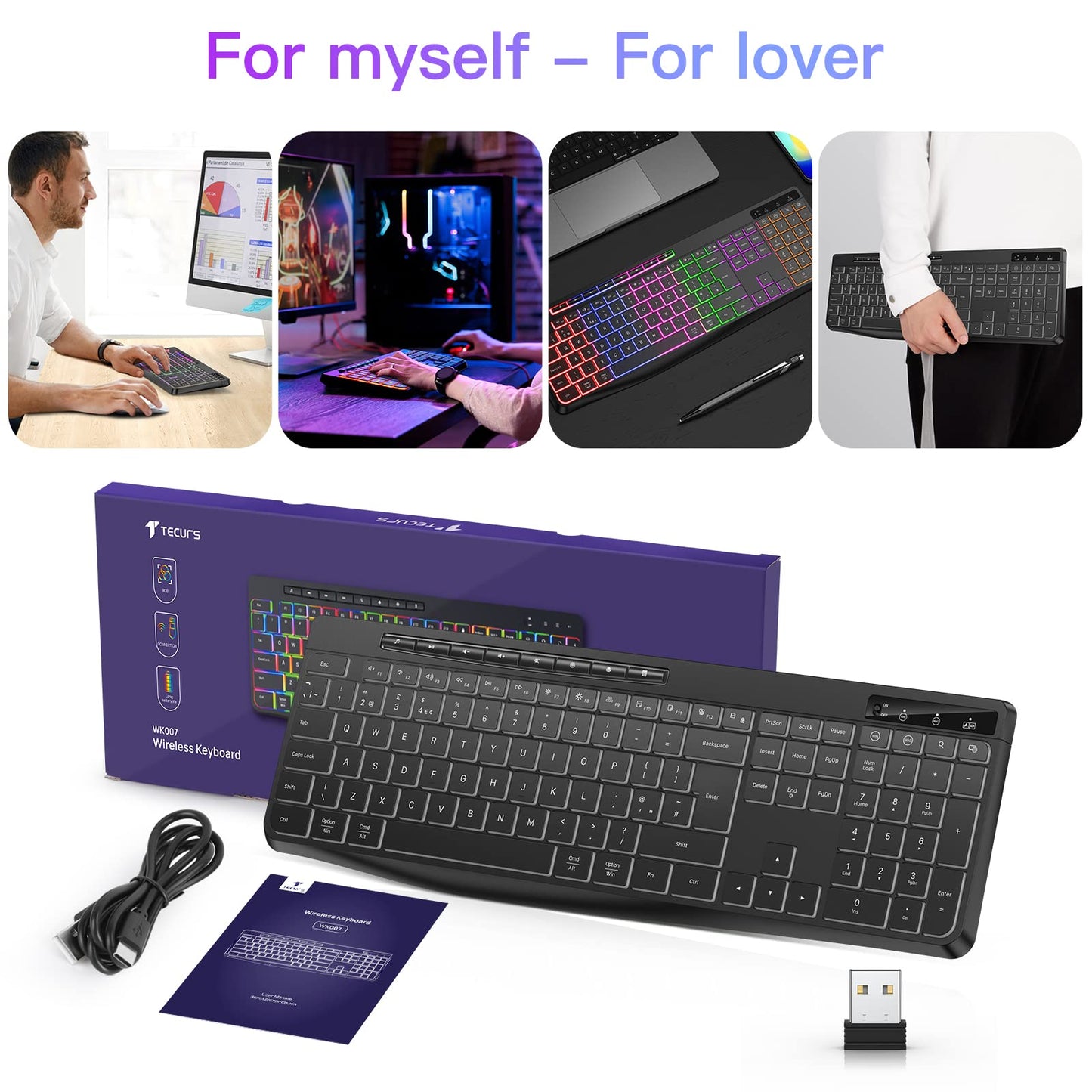 TECURS Wireless Keyboard QWERTY UK Layout, 2.4G Wireless Gaming Keyboard, LED Backlit, Ergonomic, Quiet, Rechargeable, Full Size Keyboard with Multimedia Keys for Computer/PC/Laptop/MAC/Windows