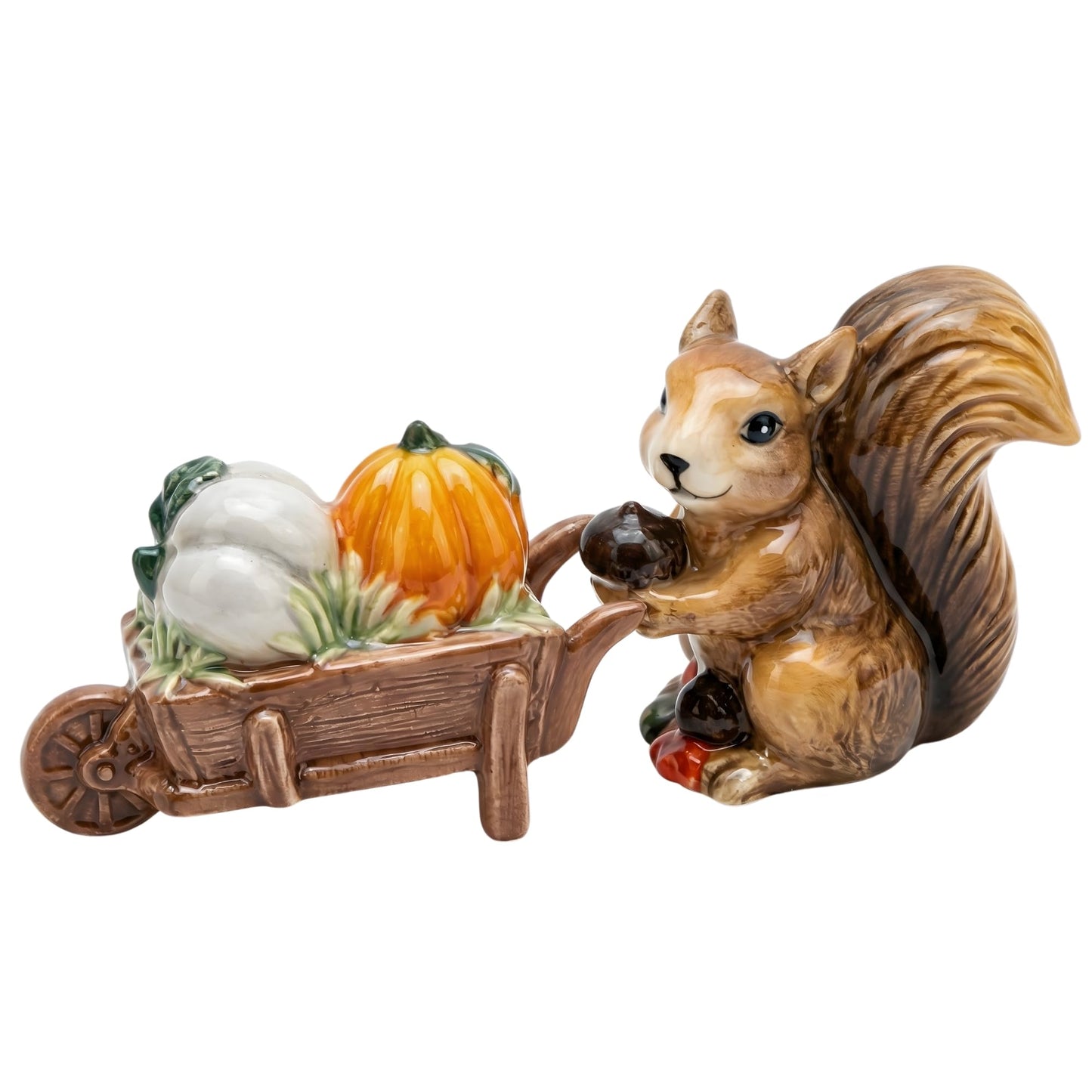 Blue Sky Clayworks Harvest Squirrel & Pumpkin Salt & Pepper Shaker Set, Ceramic, 6" L x 1.75" W x 2.5" H, Woodland Wheelbarrow Scene