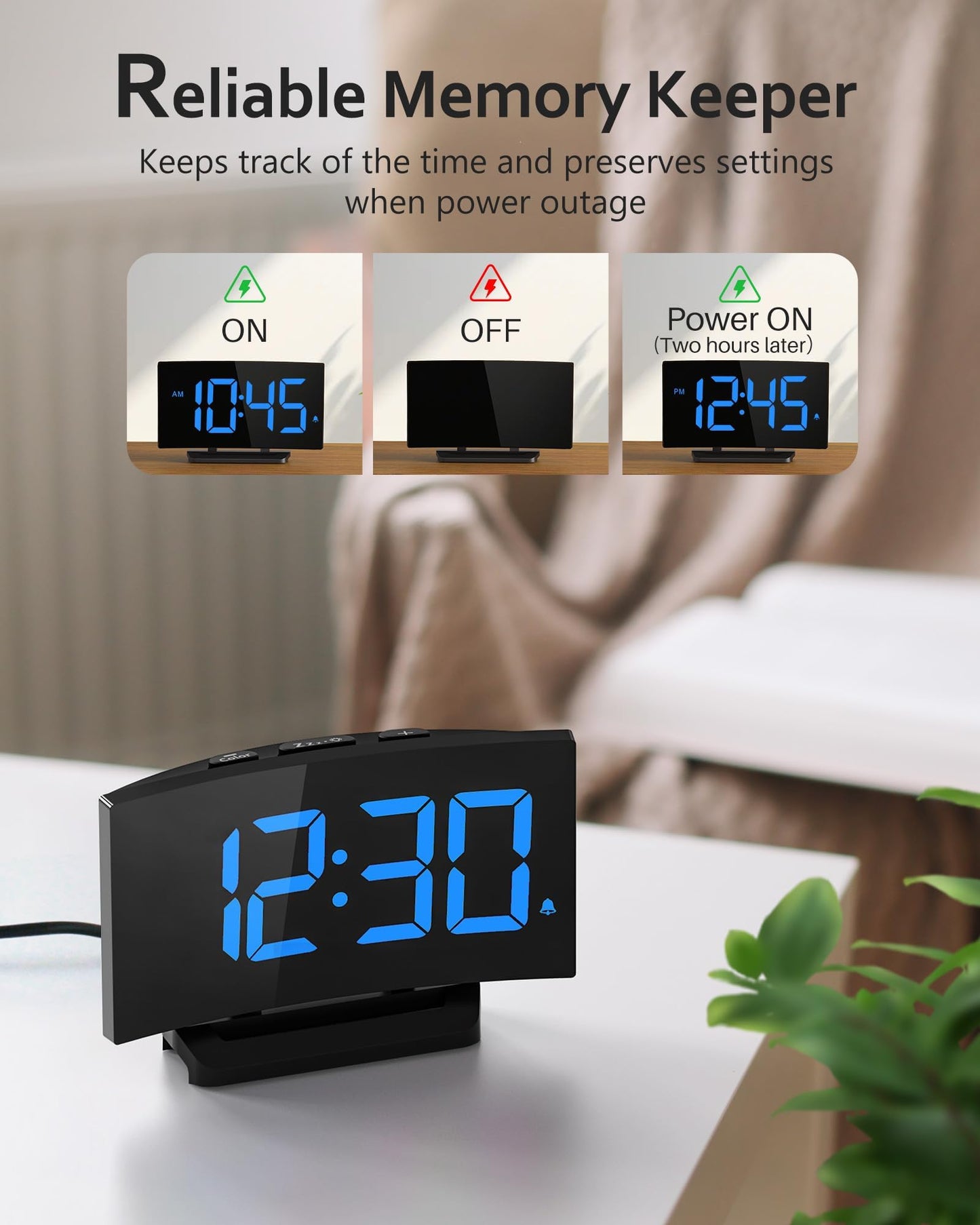 GOLOZA Digital Alarm Clock for Bedrooms with Modern Curved Design, Conspicuous Blue LED Numbers, 6 Levels Brightness, 2 Volume, 3 Alarm Tones, Snooze, Power-Off Memory, 12/24H, Bedside Clock