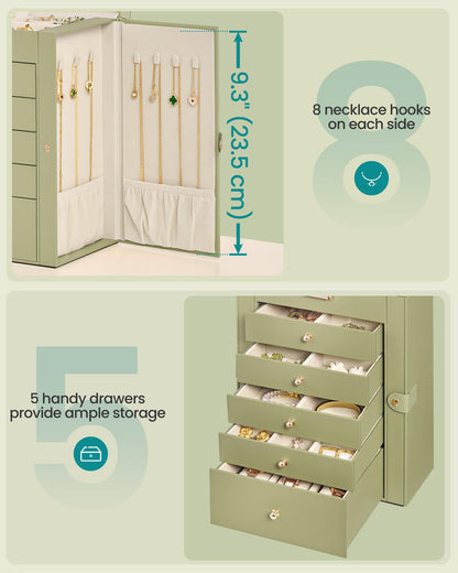 SONGMICS 6-Layer Jewelry Box Organizer with 5 Drawers, Jewelry Storage Case with Lock and Mirror, Large Storage Capacity, Gift for Loved Ones, for Necklaces, Watches, Sage Green UJBC152CE01S