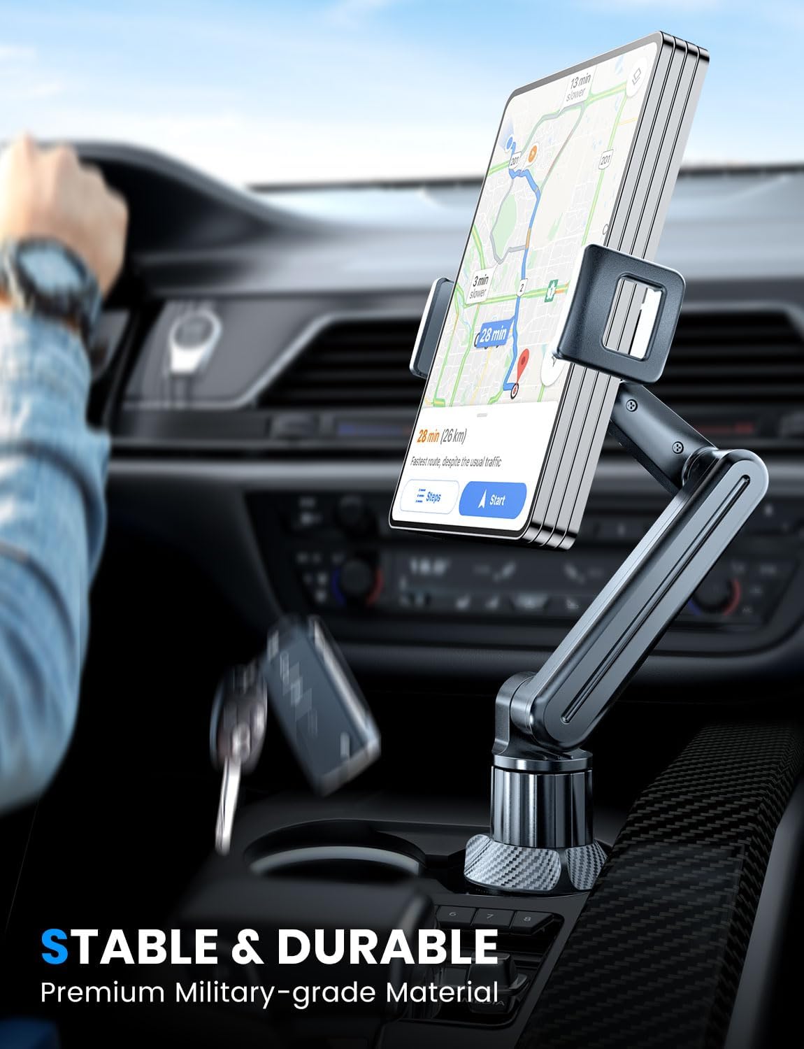 eSamcore Tablet Holder for Car, for iPad Cup Holder Car Mount with 1.57" Depth Large Clamp 15" Height Adjustable Tab Mount Holder for 6"-12.9" Cell Phone iPhone iPad Stand Travel Accessories