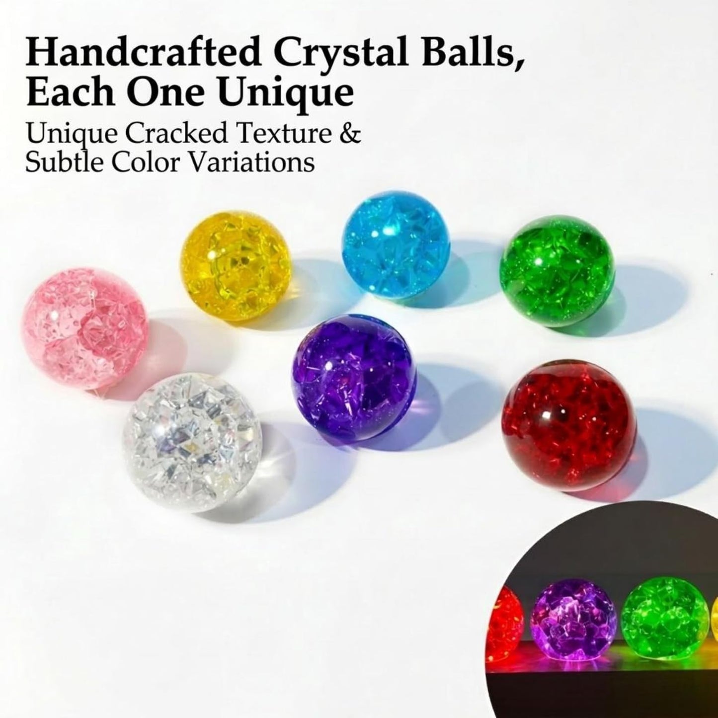 JINWU ClearPeak 7 Colors 40mm Ice Cracked Crystal Balls, Chakra Healing Sphere with LED Wooden Base, Glass Night Light for Home Living Room Meditation, Valentines Day (Set 7-Rainbow)
