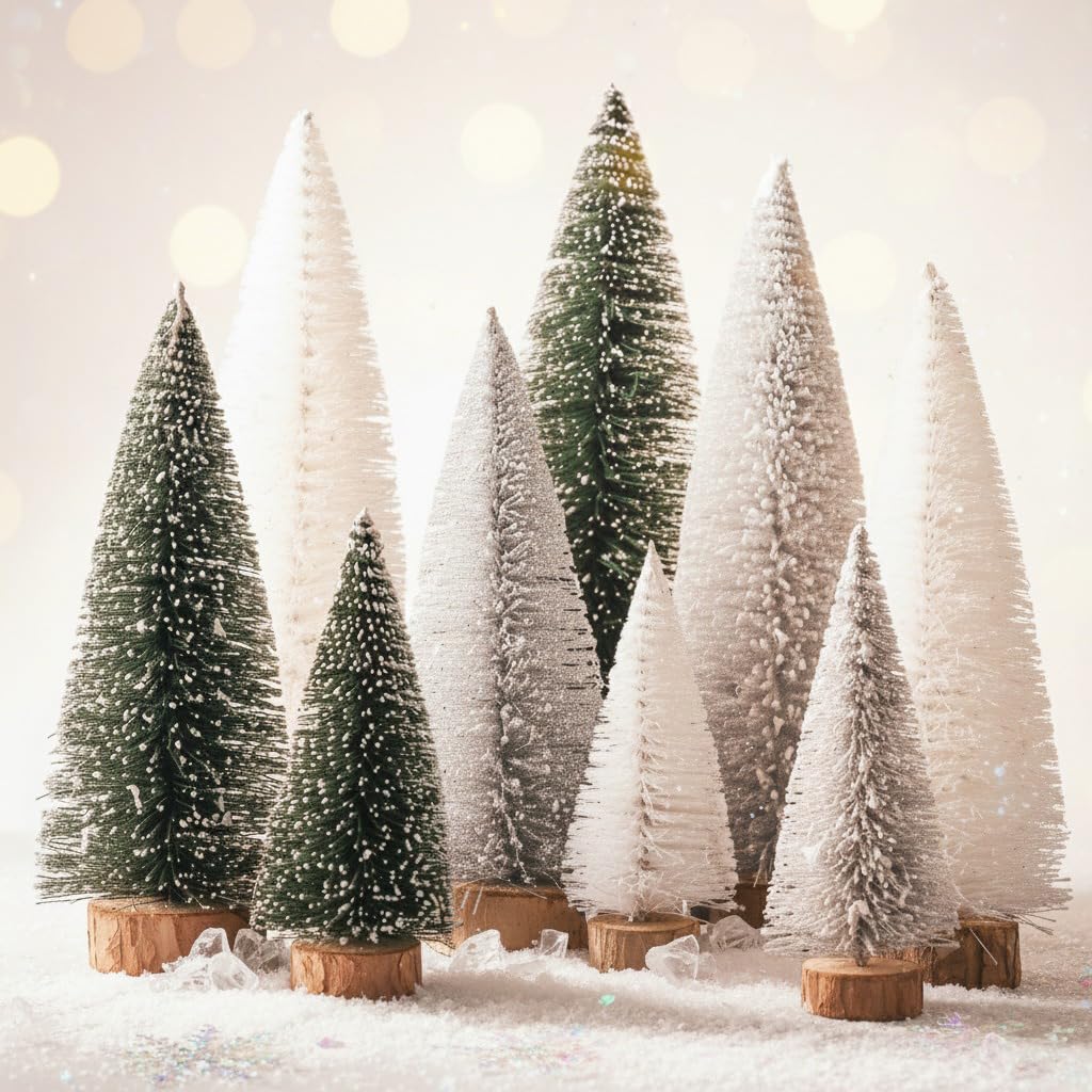 Mini Christmas Tree, Small Pine Tree with Wooden Bases for Xmas Holiday Party Home Tabletop Tree Decor (Green White Silver)