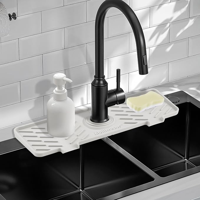 Meiliweser Silicone Faucet Mat for Kitchen Sink – Gen 3 10° Slope Splash Guard