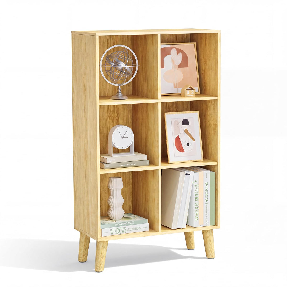 VAFHYLLIS 6 Cube Storage Organizer with Legs, 3 Tier Cube Low Bookcase Freestanding Storage Display Organizer for Home Office, Six-Cubes Open Shelf Bookshelf (Natural Oak, 6 Cube Vertical)