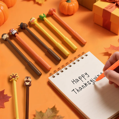 LiYiQ 50 Pcs Thanksgiving Day Cartoon Cute Fun Pens Kawaii Maple Leaves, Pumpkins, Scarecrows and Turkeys Shape Gel Black Ink Pen, Cute Pumpkins Pens for Office Home Present