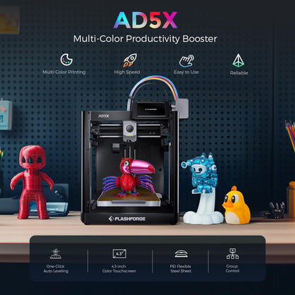 Flashforge Adventurer 5X 3D Printer with Multi-Color Flexible TPU Printing,Max speed: 600mm/s,Acceleration: 20,000mm/s,Auto 4kg filament refill,Full-auto leveling,Compact integrated design