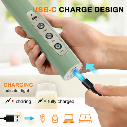 YUSWKO Black Handheld Milk Frother Wand for Coffee, Rechargeable Electric Whisk with 3 Heads 3 Speeds Drink Mixer Coffee Frother For Latte, Cappuccino, Hot Chocolate, Egg