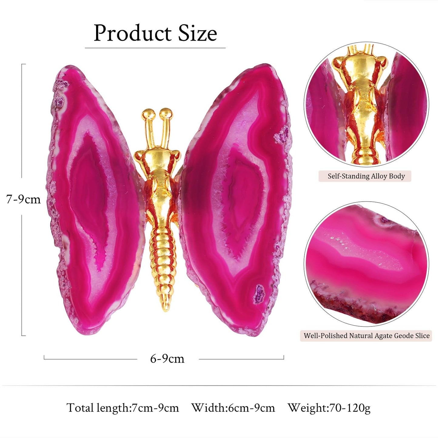 dssmboom Pack of 2 Geode Agate Slice Butterfly Figurine for Desktop Decor, Golden Butterfly with Fuchsia Agate Slice Wings for Collection or Display