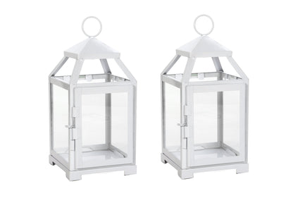 Hosley Set of 2 Clear Glass and Iron White Color Farmhouse Classic Style Lantern 12 Inch High Ideal Gift for Weddings Bridals Special Occasions Parties Aromatherapy and Spa Settings O4